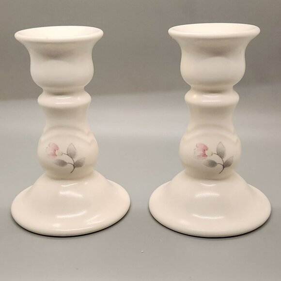 Pair Pfaltzgraff TEA ROSE Stoneware 5" Candle Stick Holders Set 2 USA @135 - Picture 1 of 5